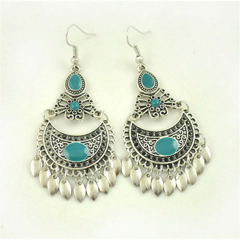 Turkish Style Silver Color Ethnic Earrings with Turquoise stones and leaves