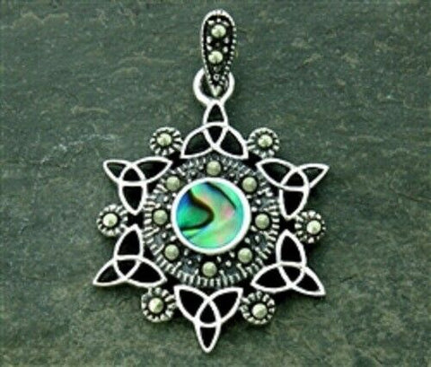 "Celtic Trinity Sunburst" Sterling Silver Trinity Marcasite Pendant with abalone
