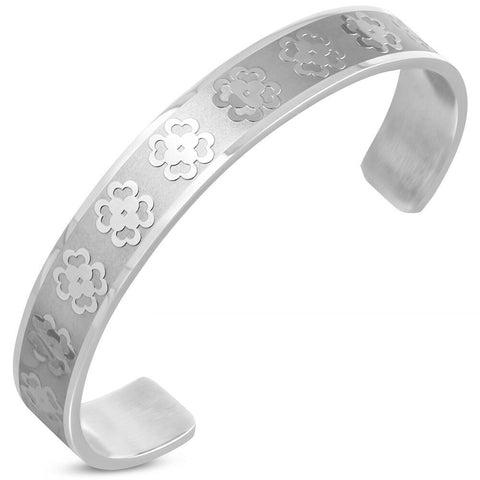 W-10mm | Stainless Steel Love Heart Shamrock Flower Cuff Bangle