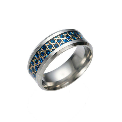 Stainless Steel Unadjustable Ring Silver Tone Blue Round Star Of David SZ 8.25
