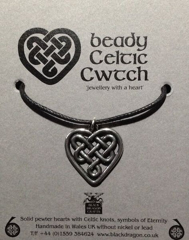 Welsh Pewter hearts with Celtic Knots with 16 in cotton cord and fastener
