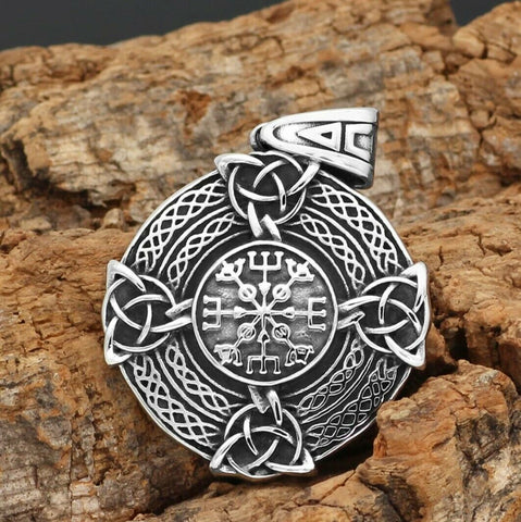 STAINLESS STEEL Double Sided Viking Vegvisir pendant with Triquetras and Knots