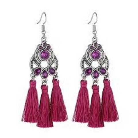 Fuchsia Tassel Earrings with Rhinetones
