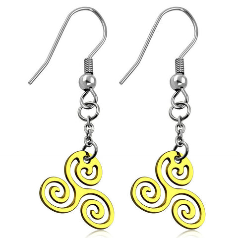 Stainless Steel 2-tone Spiral Celtic Trinity Long Drop Hook Earrings (pair)
