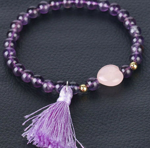 Genuine Amethyst Stone Stretchy Bracelet with Rose Quartz Heart and Tassel