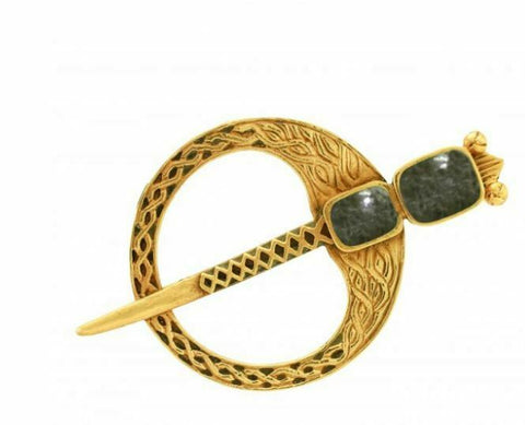 Irish Bronze Celtic Tara Connemara Marble Stone brooch