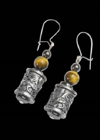 Welsh Pewter dragon and tiger eye beads and Sterling Silver Ear wires