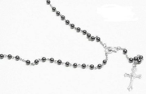 Genuine Hematite Chain Beads Rosary with Silver Color Crucifix
