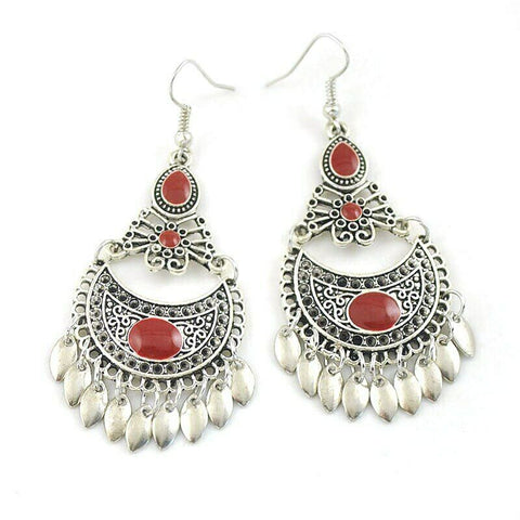 Turkish Style Silver Color Ethnic Earrings with Red stones and leaves