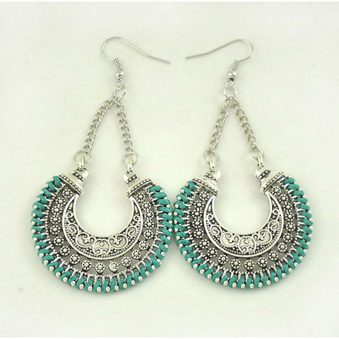 Turkish Style Silver Color Carved Ethnic Earrings with Turquoise Thread