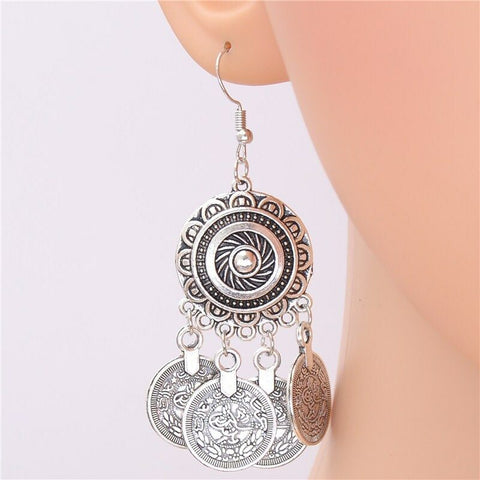 Turkish Style Ethnic Round Circle Drop Earrings with Coin Tassels