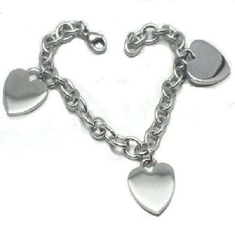 Stainless Steel 8 inch Chain Bracelet w/ 3 engravable heart charms