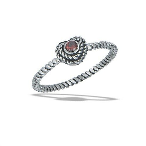 Stainless Steel Braided Heart Ring With Red CZ