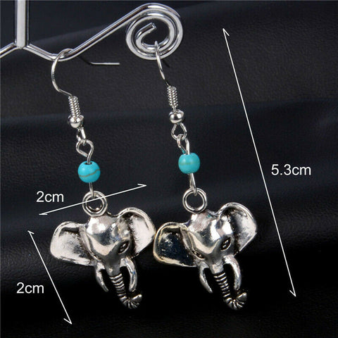 Alloy Dangle Elephant Earrings Silver Color with Turquoise Bead-1 pair