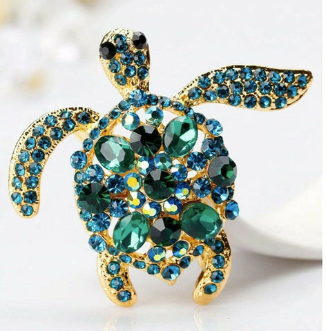 Gold Green Rhinestone Turtle pin/broocj