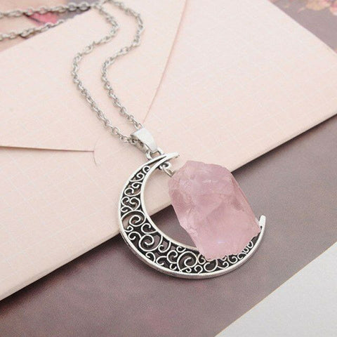 One Celtic Crescent Moon with genuine rough rose quartz and 50 cm