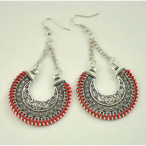 Turkish Style Silver Color Carved Ethnic  Earrings with Red Thread