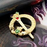 Gold Colored Alloy Claddagh Heart Brooch with Crystals  1.5 in x 2.5 in