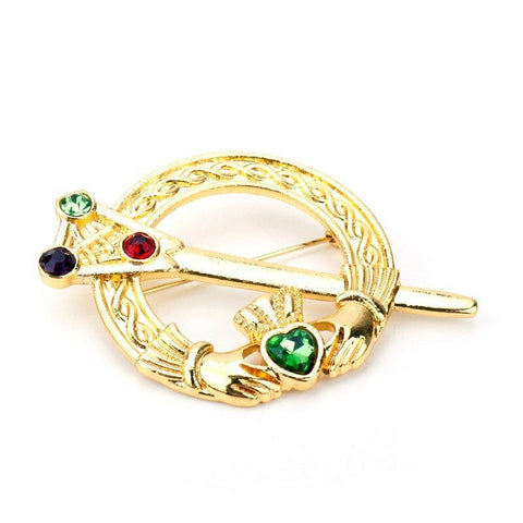 Gold Colored Alloy Claddagh Heart Brooch with Crystals  1.5 in x 2.5 in