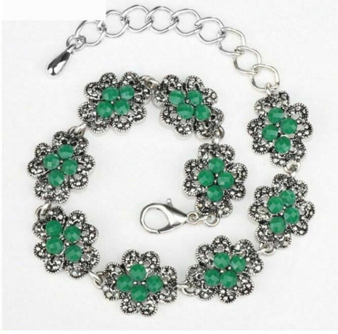 Silver Plated Turkish Style Clover bracelet with green and marcasite-like stones