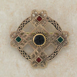 Irish Bronze Celtic Cross  brooch with green and black and carnelian stones