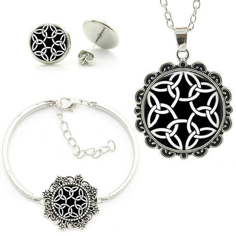 Celtic Trinity Knot Black and White  Bracelet,Necklace and Earrings Set