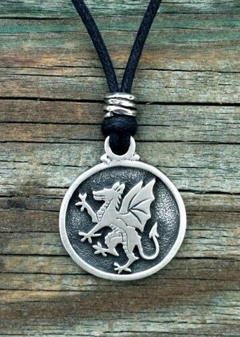 Pewter Medieval Rampant Dragon Pendant with adjustable  cord made in USA  plain