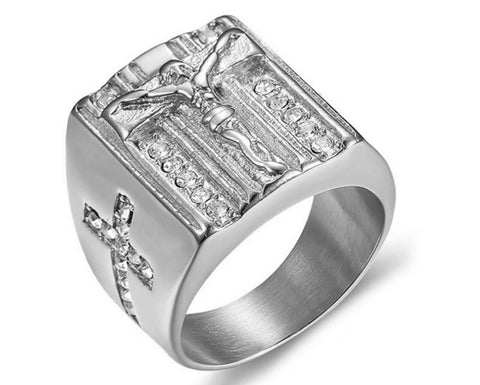 Surgical Stainless Steel Crucifix Ring with Pave Rhinestones