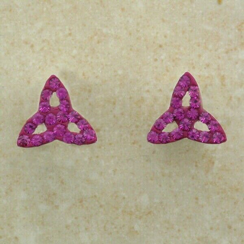 Irish Celtic Sterling Silver Triquetra with pink colored crystal stud earrings