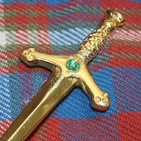 Celtic Sword Kilt Pin with gold finish and green stone
