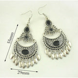 Turkish Style Silver Color  Ethnic  Earrings with Black stones and leaves