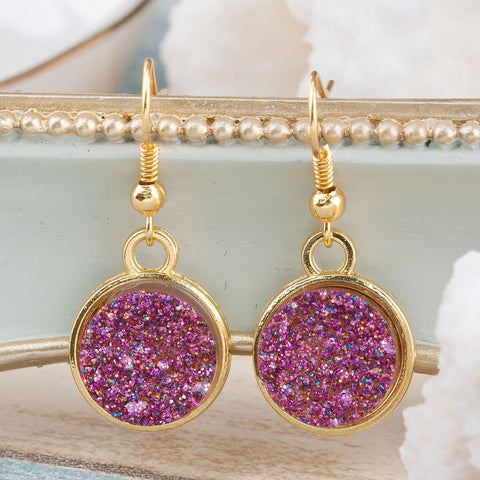 Resin Druzy Earrings Gold Plated Purple Round Glitter