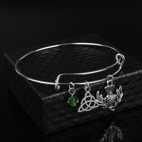 Scottish Thistle, Triquetra, Green Bead and Expandable Bangle