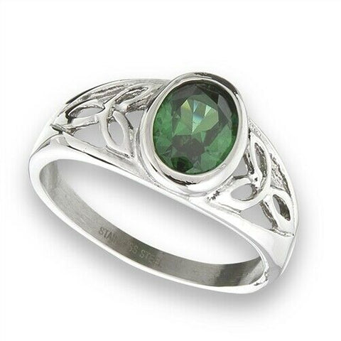 Stainless Steel Celtic Ring with Green CZ