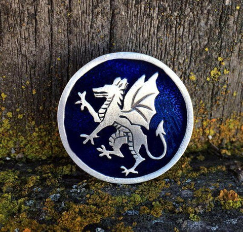 Pewter Rampant Dragon Pin Blue Enamel