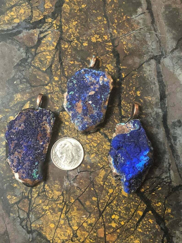 Raw Azurite Crystal pendant in with natural copper patina bail