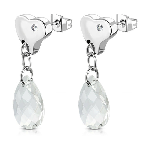 Stainless Steel Teardrop Love Heart Long Drop  Earrings w/ Clear Crystal Beads