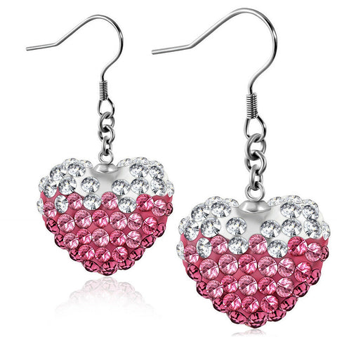 Stainless Steel Heart Shamballa Long Drop Hook Earrings w/ Clear & Rose Pink CZ