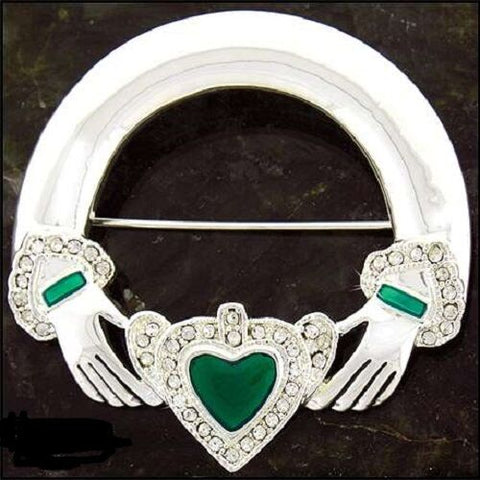 Pewter CZ and Green Enamel Claddagh Pin