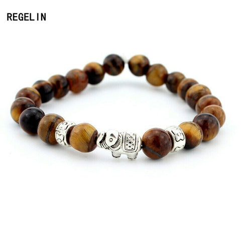 Stretchy 7.5 in 8 mm Tigers Eye Brown bracelet with elephant charm