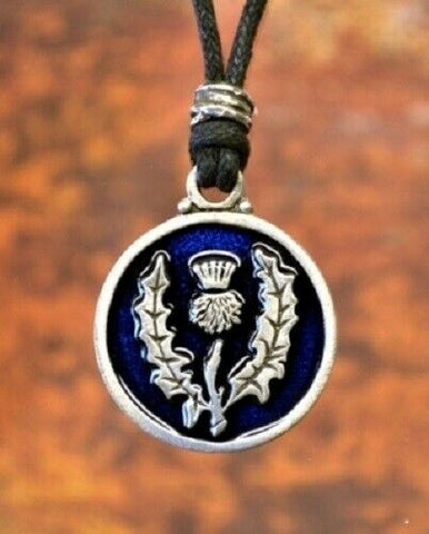 Pewter Scottish Thistle Pendant with blue background Made in USA