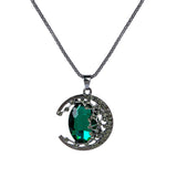 Popcorn Chain Gunmetal Moon Pendant Faceted Green & Black Rhinestone 60.5cm long