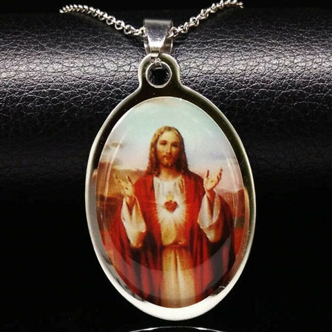 Stainless Steel Sacred Heart of Jesus Pendant and 20 in Chain