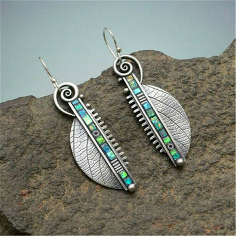 Vintage Retro Earrings Antique Silver Color Green Leaf 4.2cm x 1.2cm 1 pr