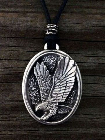 Pewter Eagle pendant with adjustable black cotton cord made in USA
