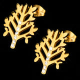 Women's Stainless Steel Gold IP Tree of Life Stud Polished Earrings with CZs.