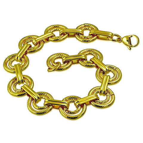 Gold Color Plated Stainless Steel Double Circle Link Chain Bracelet 9 in