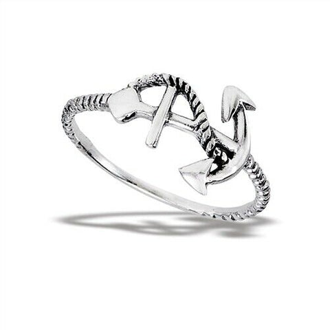 Sterling Silver Anchor With Rope Line Ring