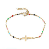 304 Stainless Steel Bracelets Gold Plated Multicolor Enamel Cross 18cm(7 1/8")