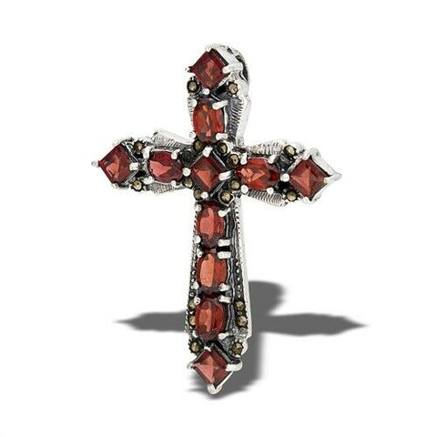 Sterling Silver Synthetic Garnet Cross With Marcasite  no chain